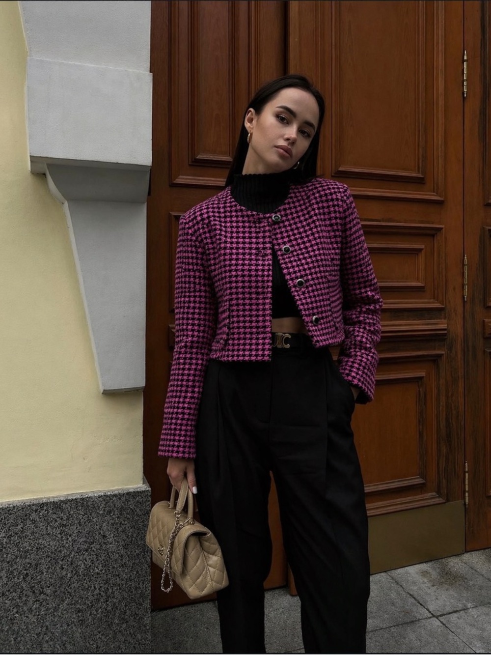 ZARA Tweed Cropped Jacket Pink Black Wool Blend Button Front Size M - Picture 14 of 16